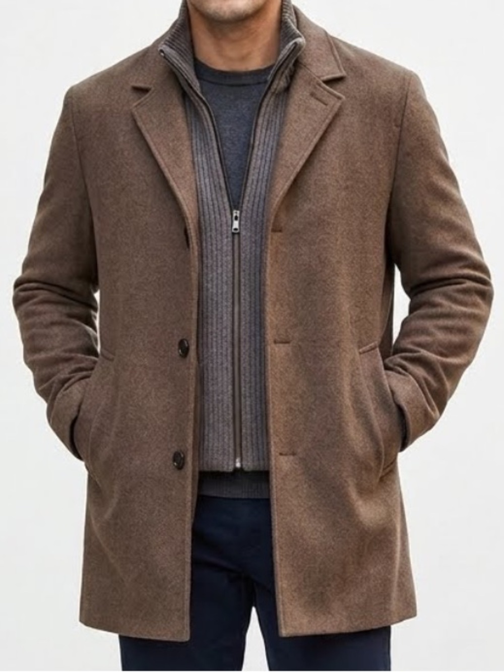 LONDON FOG Men's Wool Blend Car Coat M Medium Brown Layered Knit Bib Jacket